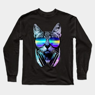 Music Lover Cat Cool Trendy Rainbow Graphic Long Sleeve T-Shirt